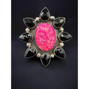 HUGE Hot Pink Opal & Black Diamante Cluster Ring – Size 6 3/4 By Alberta Yazzie